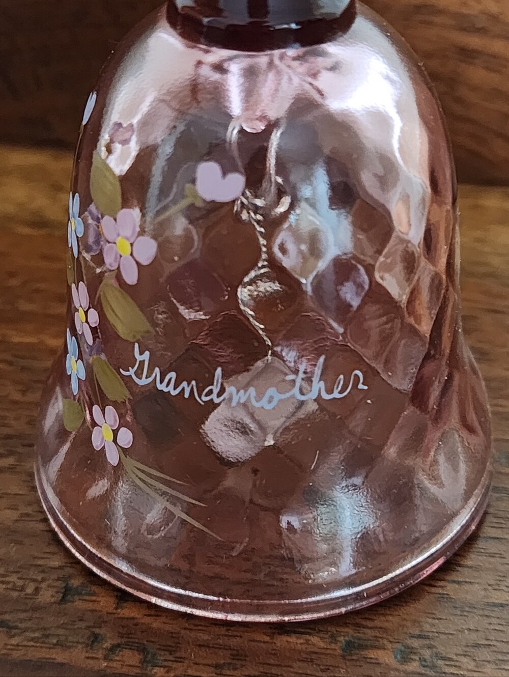 Fenton Pink Diamond Glass Bell  Painted Flower Signed Marshall 4.5” Grandmother - Picture 2 of 7